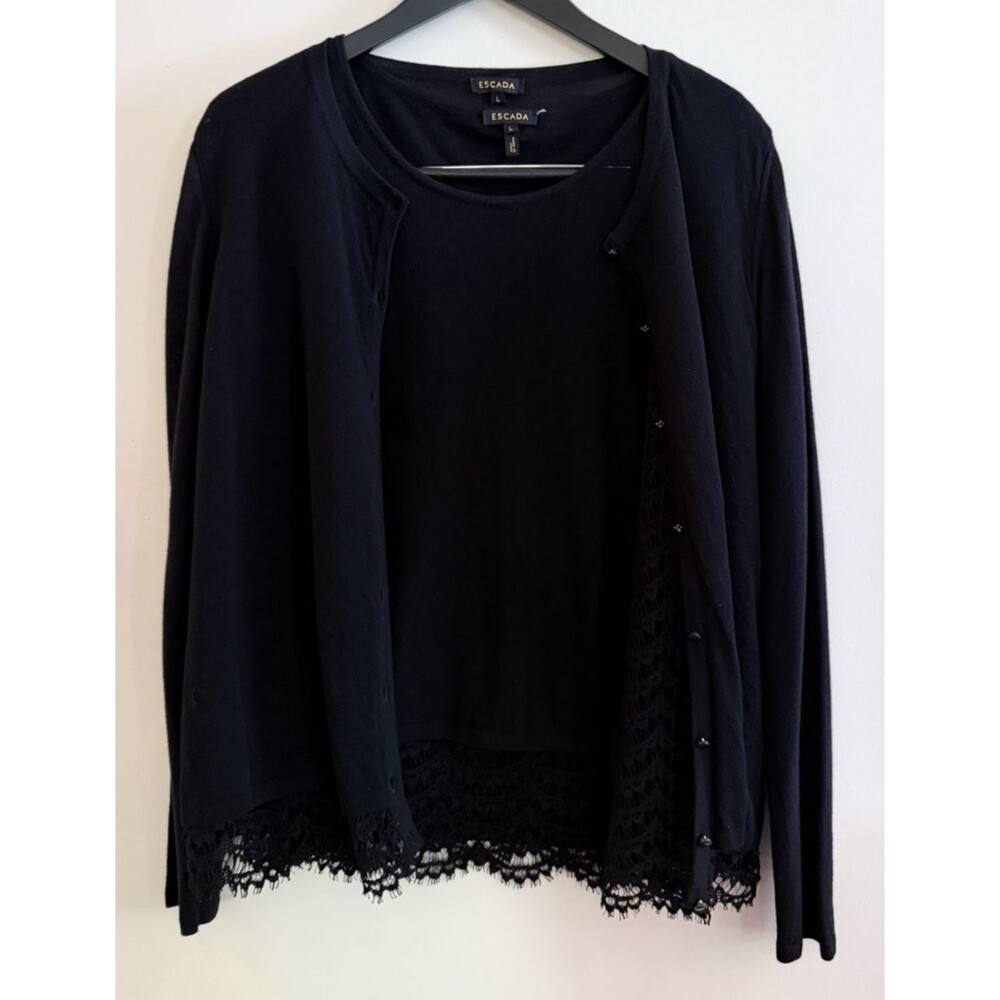 ESCADA Black Lace Trim Twin Set Large Wool Silk Blend Cardigan Tank  Made Italy